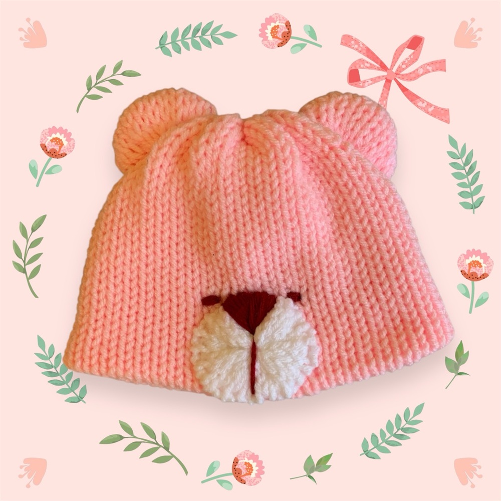 Pink Bear Hand Knitted BabyHat